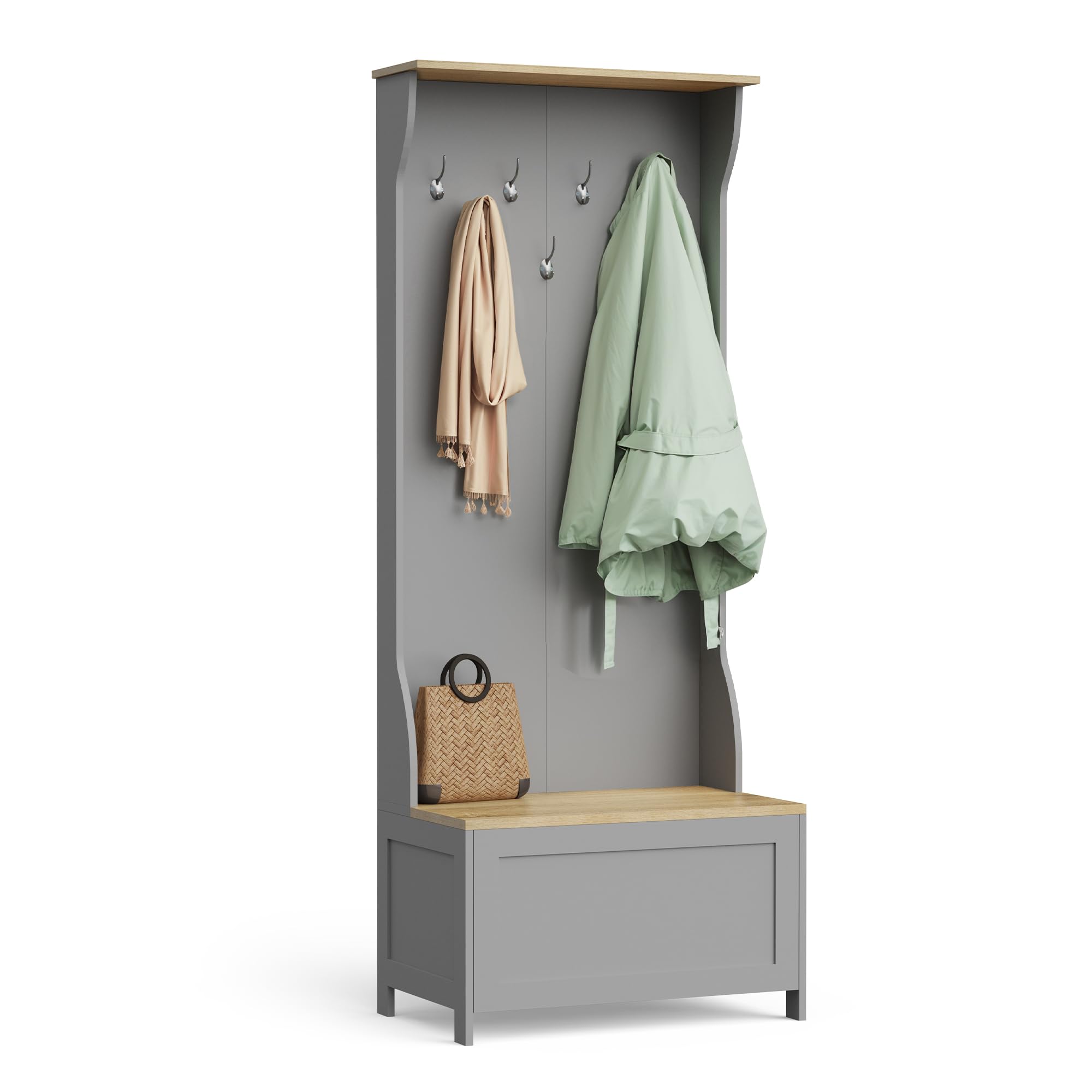 Coat Stand with Shoe Storage - Grey Hallway Unit with 7 Double Hooks & Storage Bench - Hall Tree Organiser for Entryway with Wood Effect Seat - Freestanding Coat Rack - Ash Hall