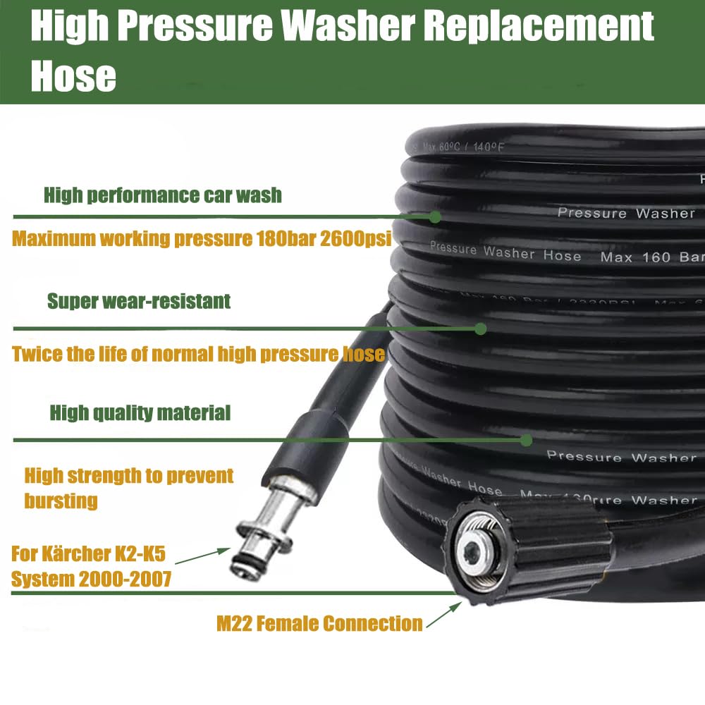 15M Hochdruckschlauch Ersatzschlauch mit M22-14mm Ersatzschlauch für Kärcher K2 K3 K4 K5, Ersatz für Kärcher Systeme 2000-2007 Hochdruckreiniger (ältere Modelle)