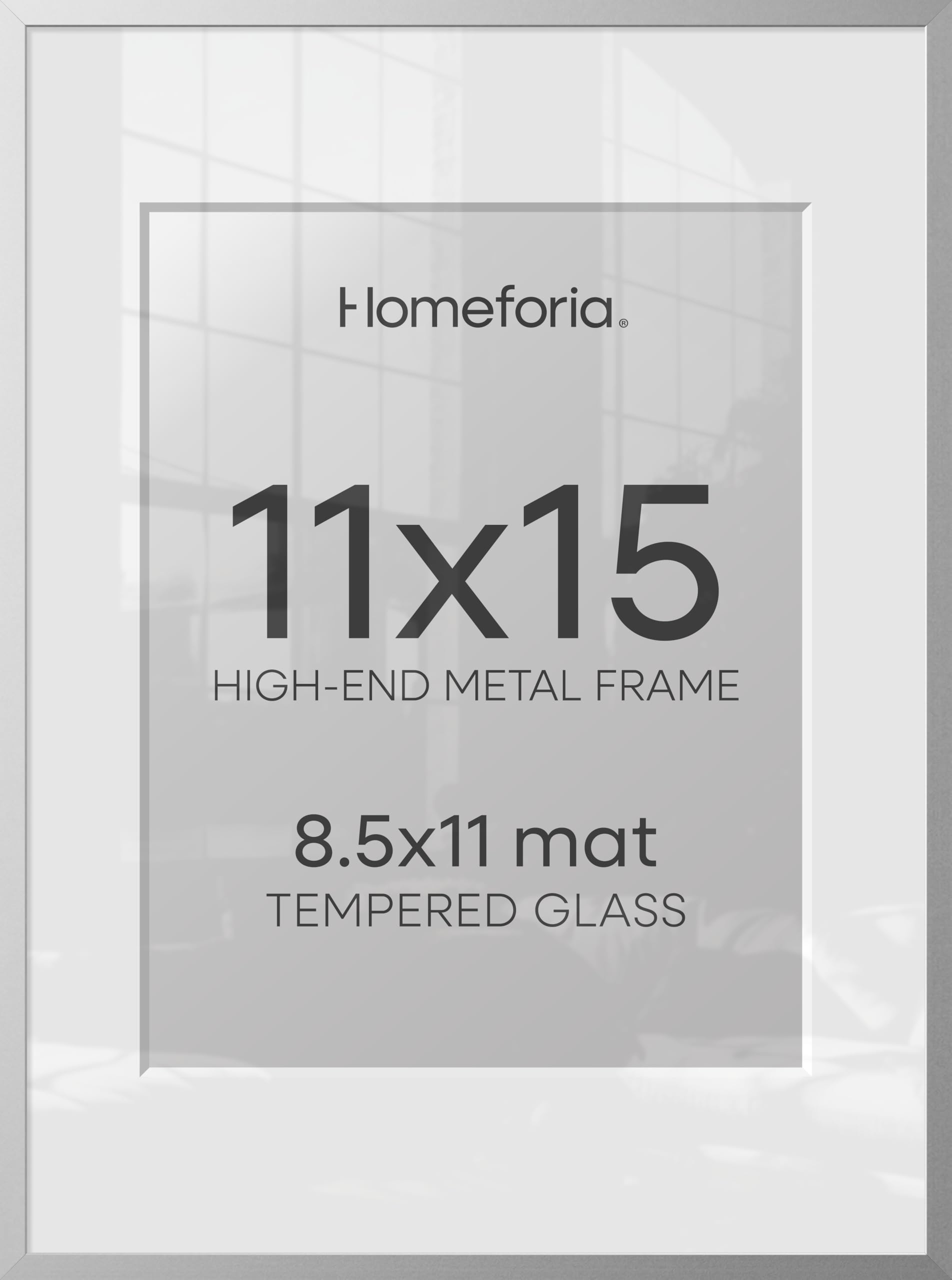 Homeforia 11x15 Silver Picture Frame, High-End Metal, 8.5x11 Mat, Glass | High End Aluminum, Tempered Glass, Acid-Free 8.5x11 Removable Mat, 11x15 in Edge-to-Edge Display 15x11, Wall Kit, Set Of 2