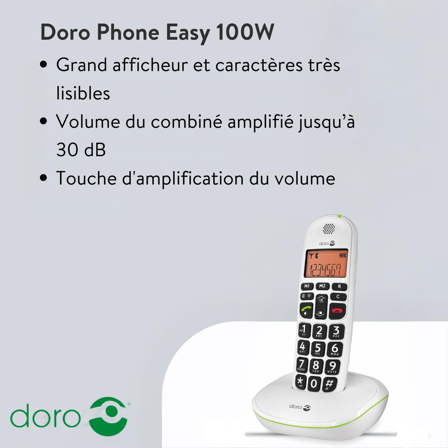 Doro PhoneEasy 100w Téléphone sans Fil DECT pour Seniors Grandes Touches Son Amplifié Blanc