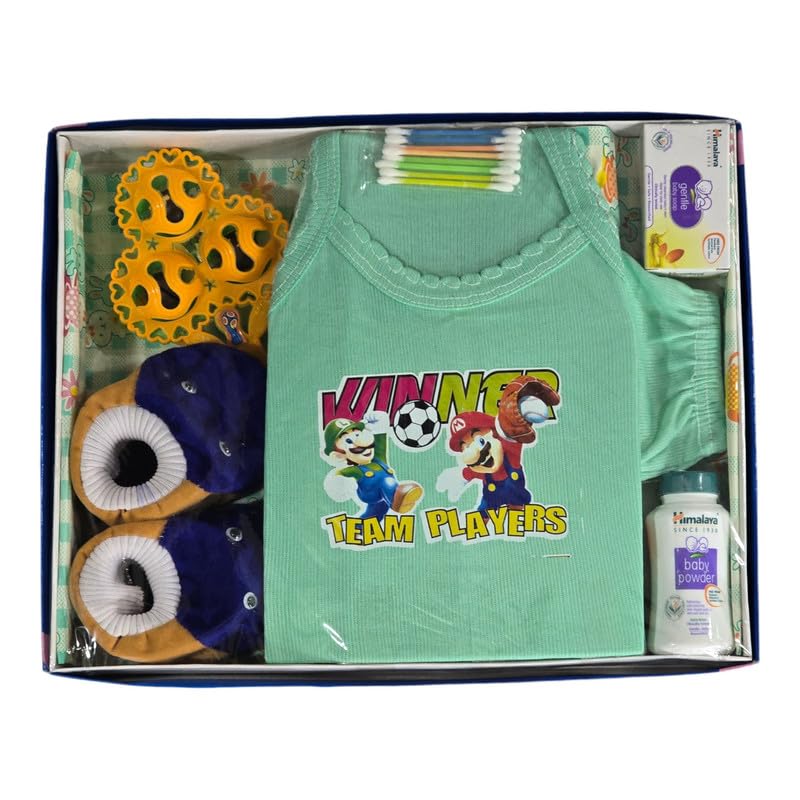 Ambika Stores Readymade Newborn Gift Set - 6 Pcs (Green) Baby Gift Hamper Set for 0-6 Months, Baby Shoe, Toy, Ear Buds, Shop, Lotion, Skin-Friendly Baby Clothes, Chemical-Free Dyes-picture-18
