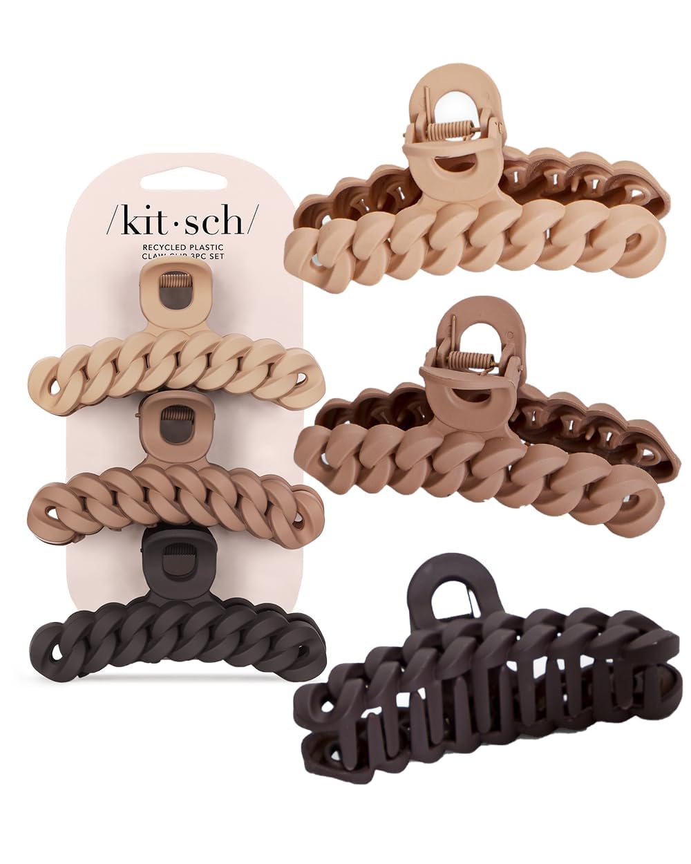 Kitsch Recycled Plastic Large Claw Clip, Big Chain Hair Clips for Women, Hair Claw Clips & Jaw Clips, Big Claw Clips for Thick Hair, (3pc Set Large Neutrals)