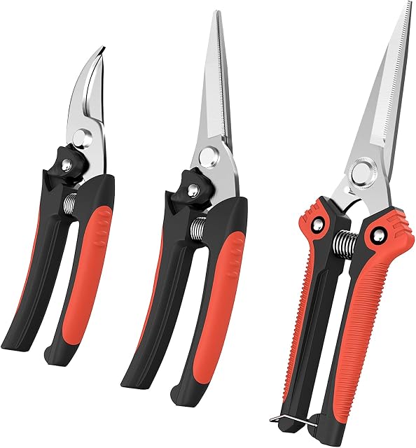 Housolution Pruning Shears, 3PCS Gardening Pruning Scissors Set, Heavy Duty Stainless Steel Branch Hand Pruner Secateurs, Picking Shears, Branch Cutter Clippers Tree Trimmers Scissors Kit, Black & Red
