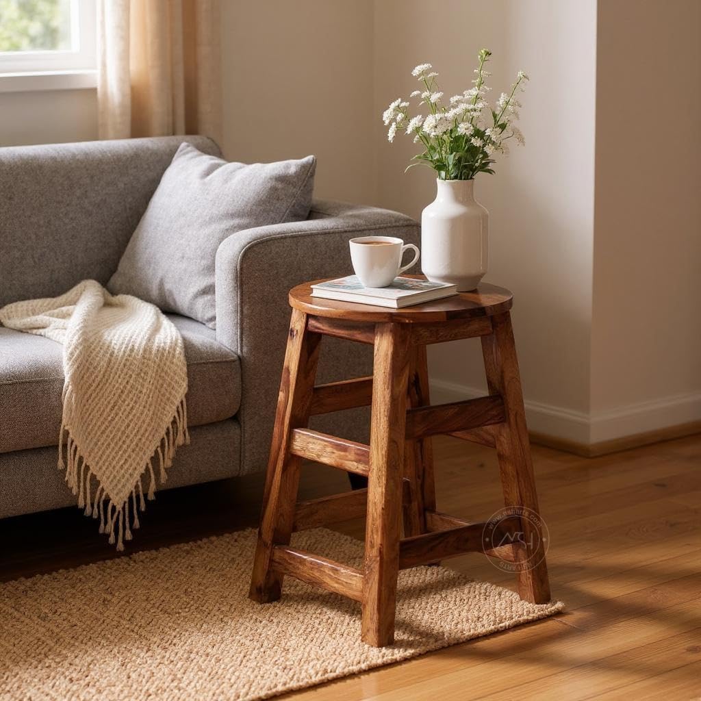 NSH Handcrafted Solid Sheesham Wood Round Top Liva Multipurpose Stool | Pre-Assembled, Ideal Stool for Home, Kitchen, Living Room, Bars and Any Outdoor & Indoor Use | Honey Finish, 1 Wooden Stool