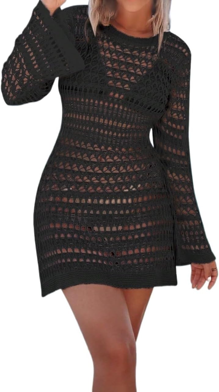 Women's Spring Summer Beach Outfits Sexy Hollowed-Out Backless Long Sleeve Cover Up Dress cover ups for swimwear