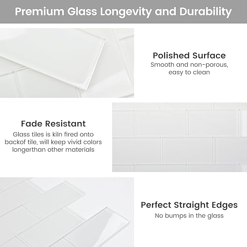 Miniatura 4 de Azulejos de cristal de metro de 3 x 6 pulgadas, color blanco para pared de cocina, baño, paquete de 32 hojas