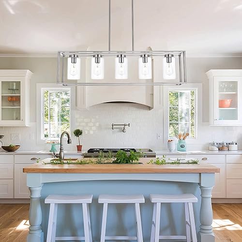 Miniatura 2 de VINLUZ Contemporary Chandeliers Brushed Nickel 5 Light Modern Dining Room Lighting Fixtures Hanging, Kitchen Island Linear Pendant Lights Farmhouse