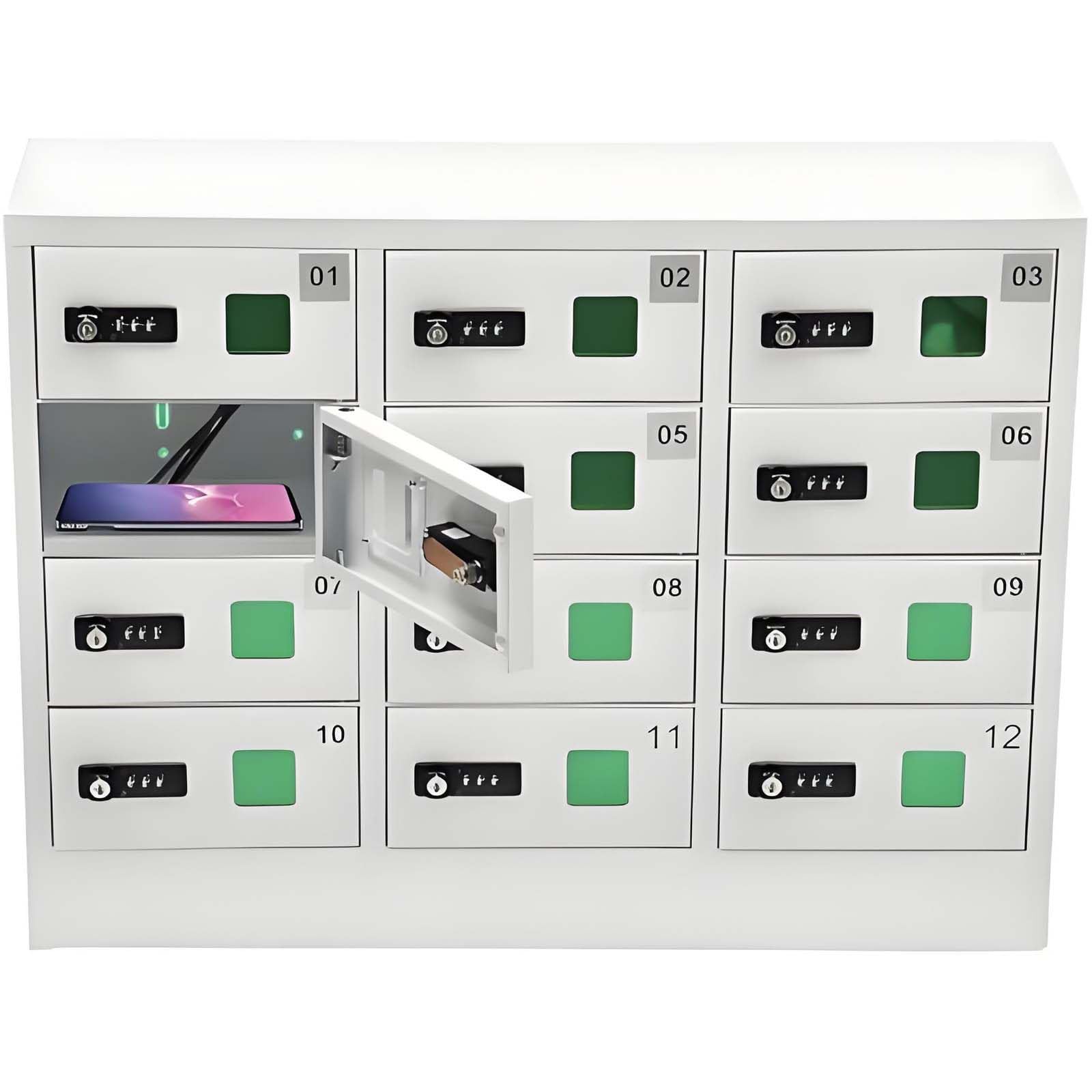 GUTYGIO 12-Slot Cell Phone Locker, 3-in-1 Cell Phone Charging Station with QC3.0 Fast Charging, Secure Phone Locker Cabinet, Includes Charging Cable & Combination Lock for Students and Employees