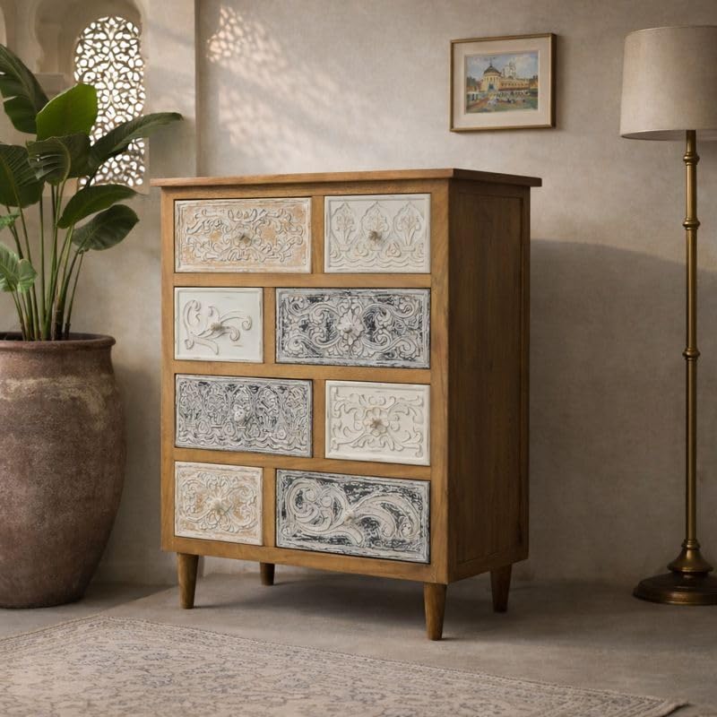 Image of Solid Wood Udaipur Chest of Drawers | 8-Drawer Wooden Dresser with Storage | Light Brown Distressed Finish