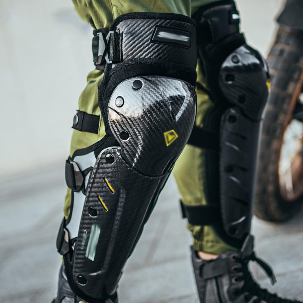 Motorrad Knieschoner, Kohlefaser Motocross Knie- / Ellbogenschützer Nachtreflexions-MTB-Knieschützer Sturzsicher für Snowboarden Reiten Skifahren Motocross Elbow Pads Knee Pads