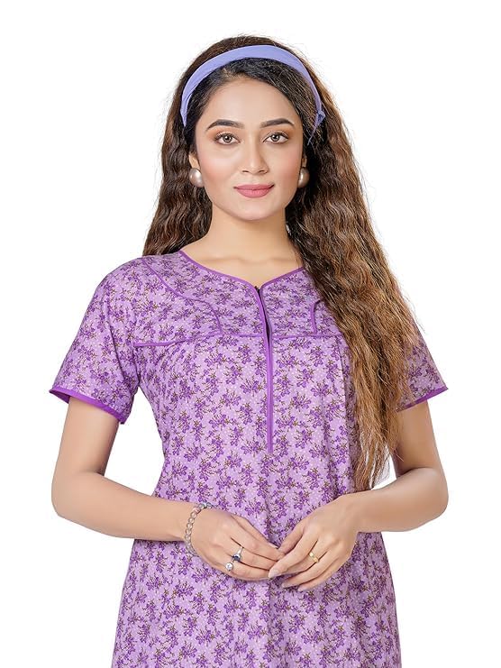 Image of Vlazom Women's Cotton Nighty - Jaipuri Rajasthani Printed Maxi Dress with Embroidery & Pockets