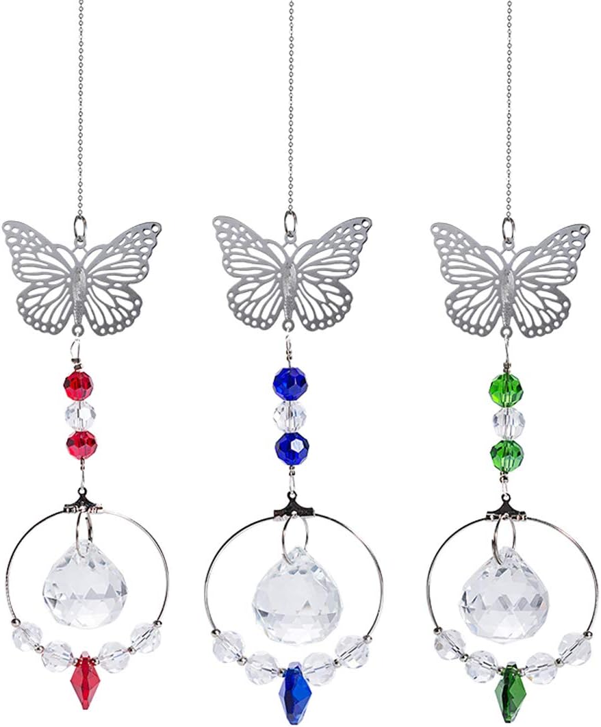 Crystal Suncatcher Chakra Rainbow Butterfly Metal Sheets Hanging Prism Ball Ornament 3 Pack for Wedding,Plants,Cars,Window Decor