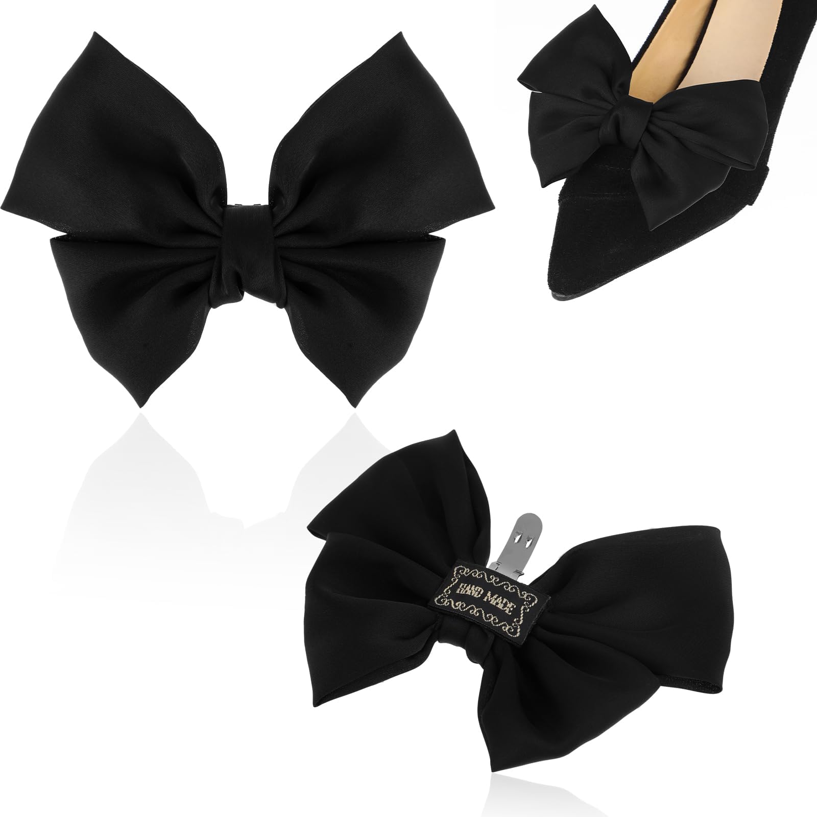 2 Elegant Bow Shoe Clips for Women - Black Satin Buckle Wedding Party Accessories