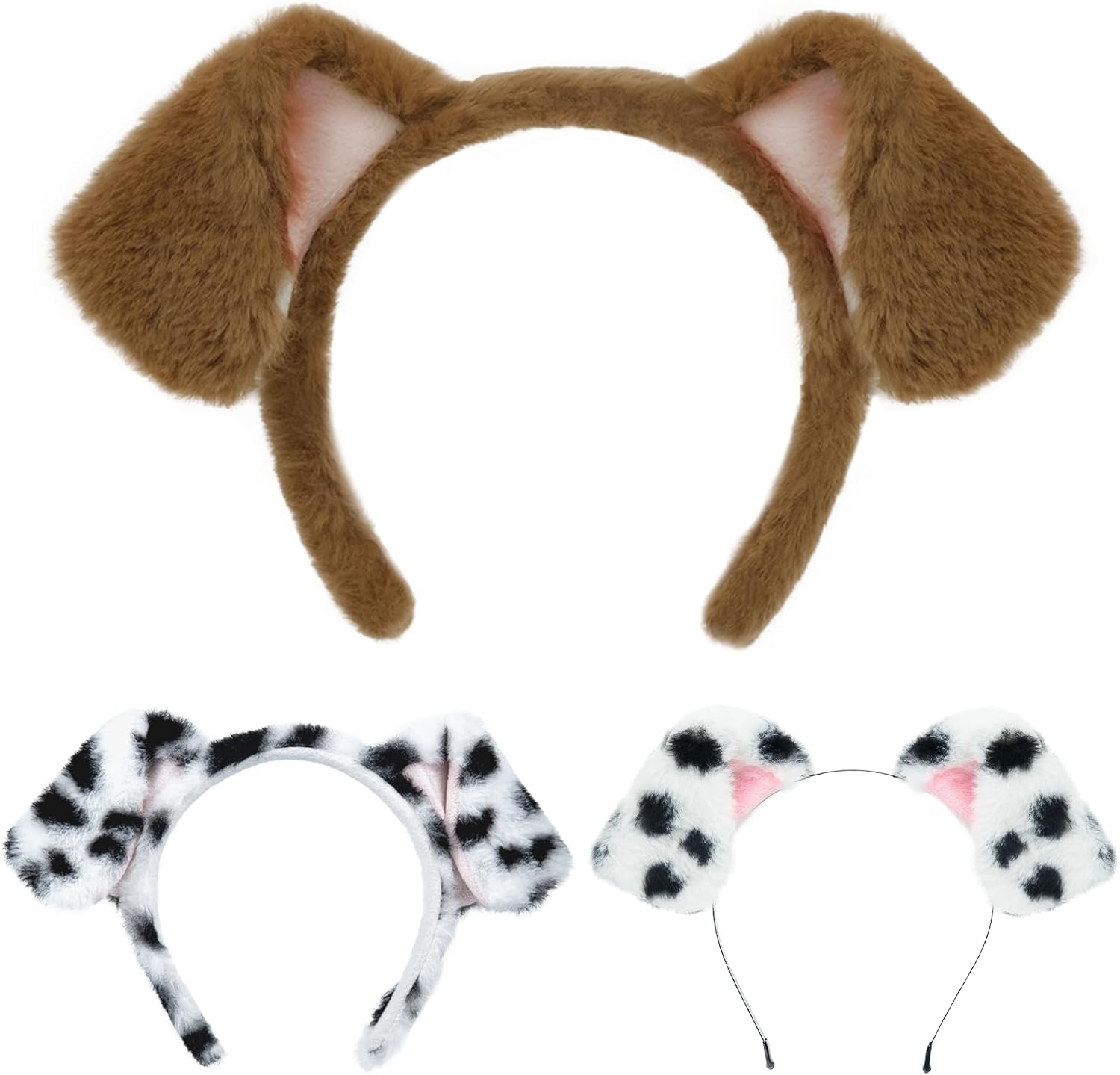Beviliu Dog Ears Headband, 3 Pack Realistic Puppy Dalmatian Ears Headband, Fluffy Cat Bunny Bear Costume Halloween Christmas for Washing Makeup Cosplay Birthday Party