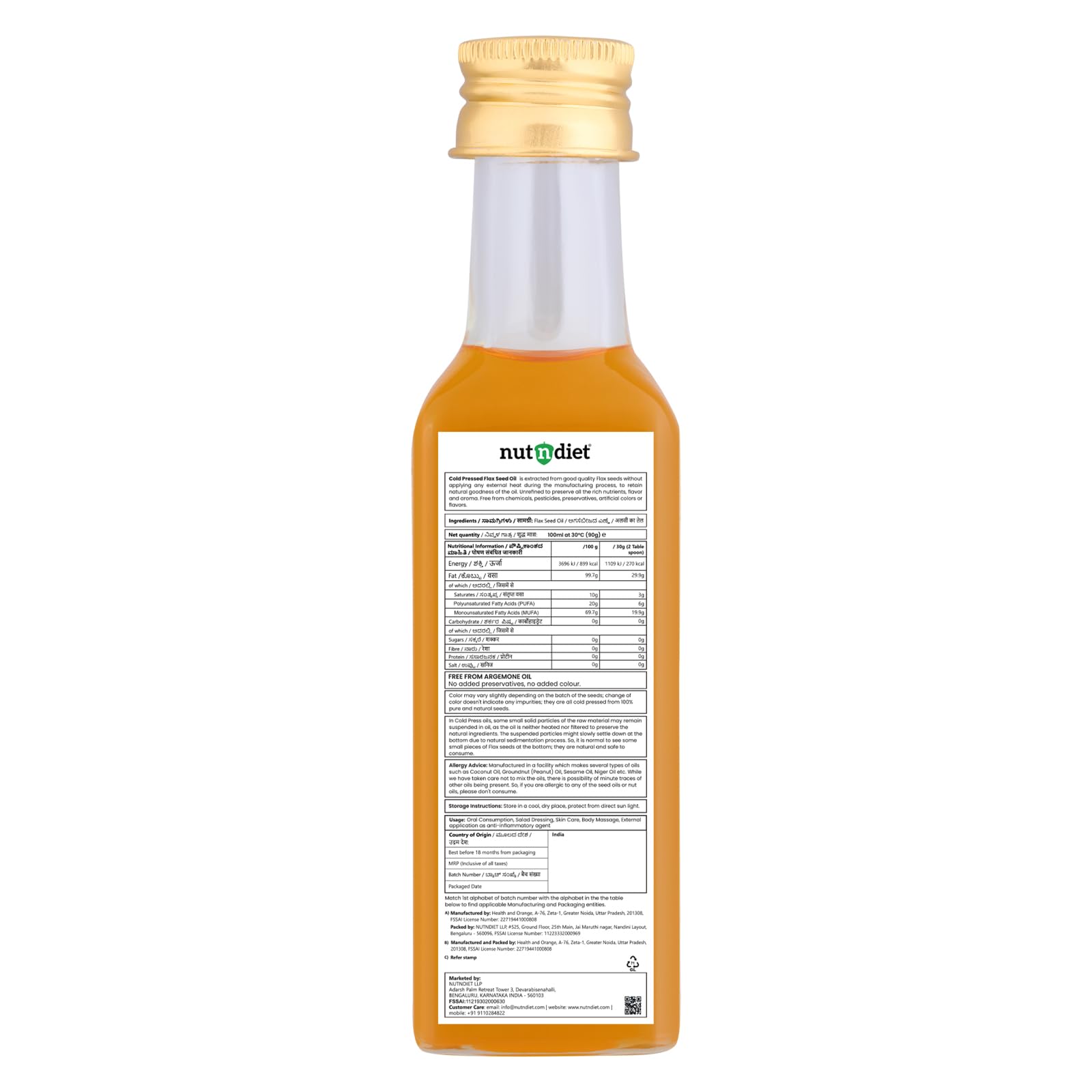 nutndiet Cold Pressed Flaxseed Unrefined Oil 100ml Glass Bottle | Alsi Ka Tel | Pure Omega 3-Rich for Heart Health & Immunity | Multipurpose Oil - Image 2 thumbnail