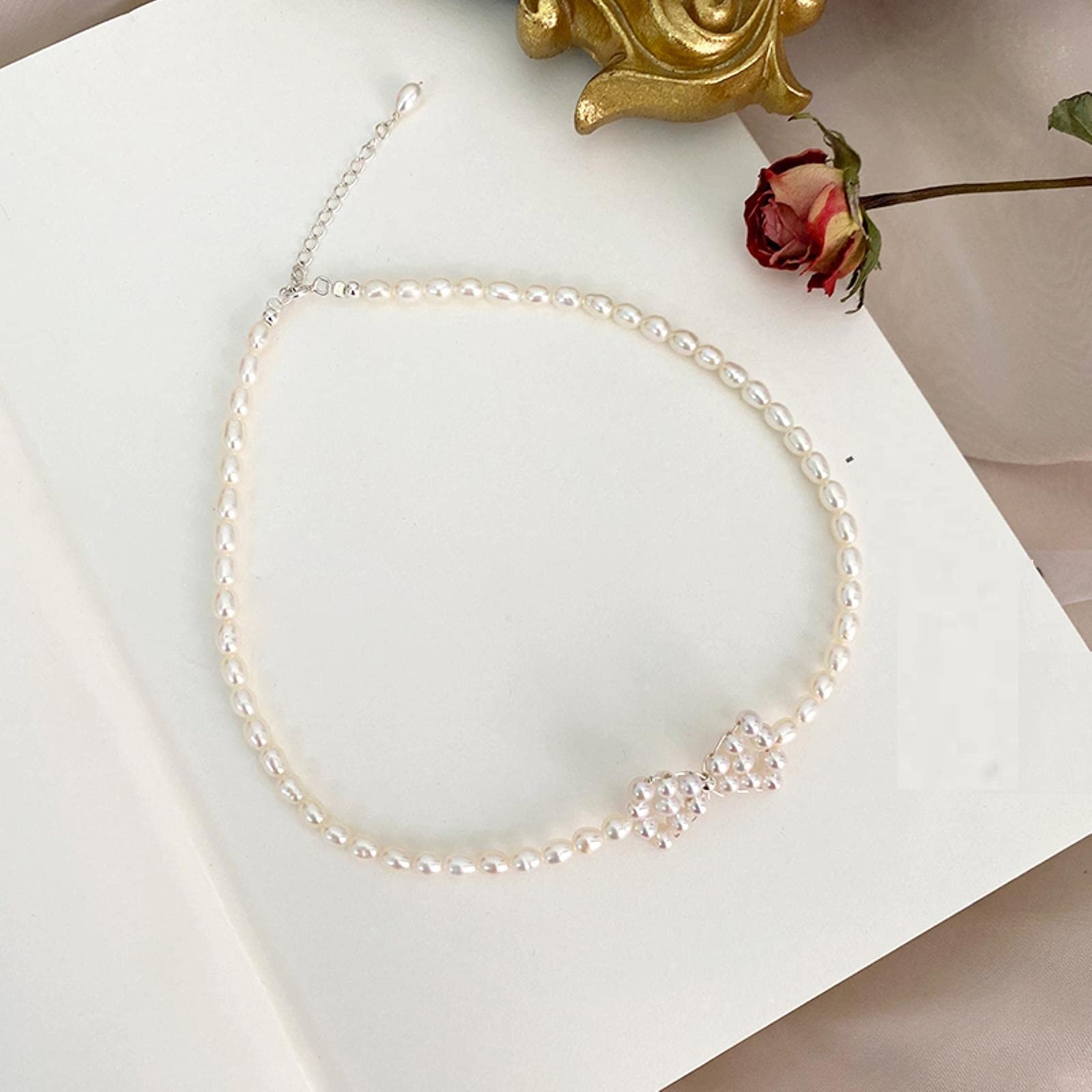 LOKILOKI Collar De Gargantilla con Lazo De Perlas De Agua Dulce Natural, Joyería De Plata Esterlina 925 para Regalo De Mujer
