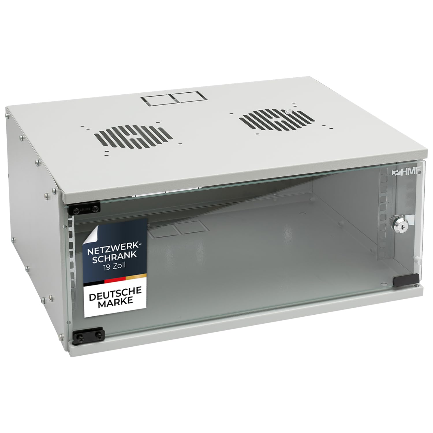 HMF 65704-07 Netzwerkschrank (19 Zoll, 4 HE, Glastür) Lichtgrau