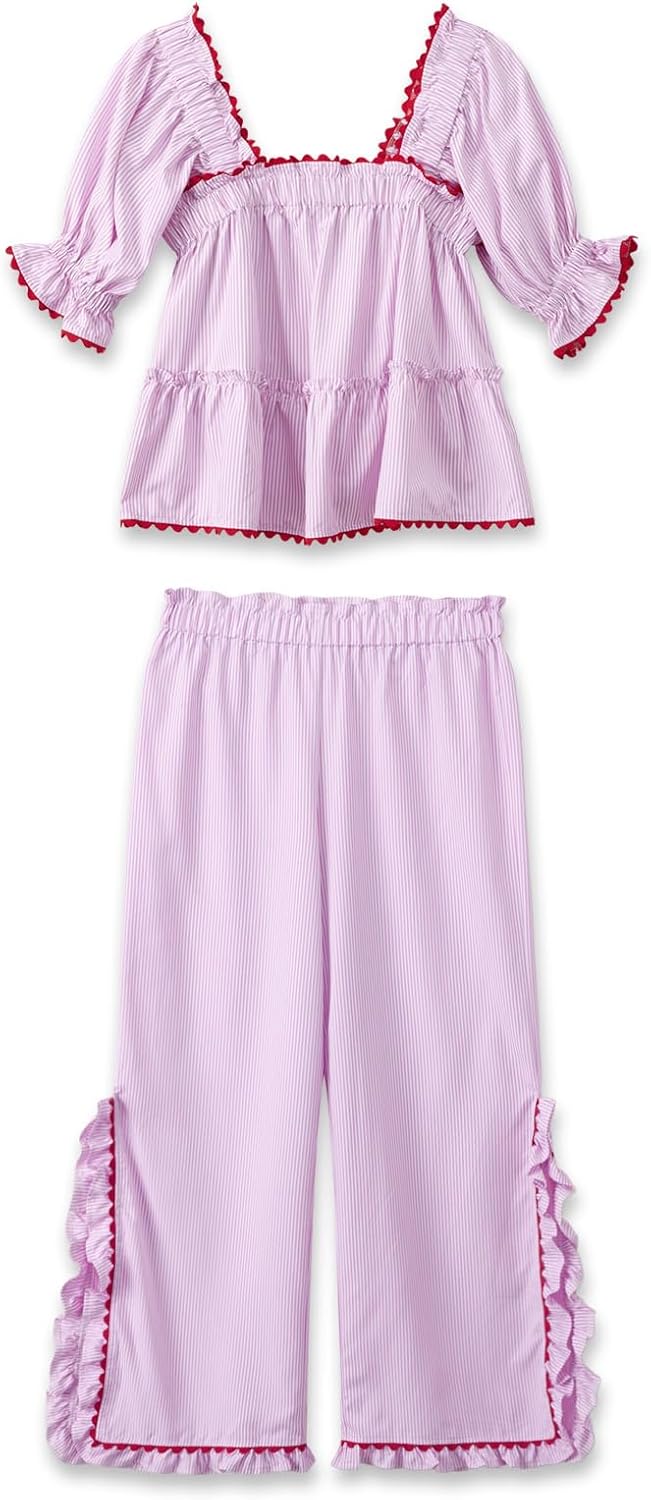 Hulpvktsgiq Christmas Pajama Set for Women Puff Short Sleeve Plaid Babydoll Blouse Ruffle Wide Leg Pants Gingham Lounge Pjs - Image 7