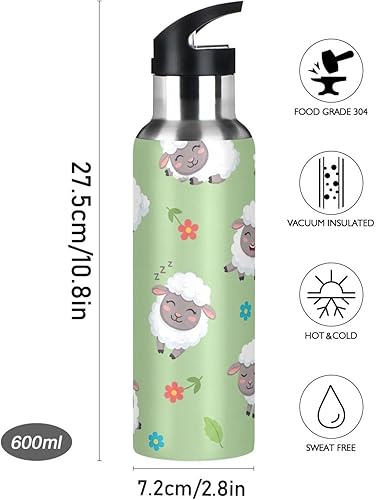 Miniatura 9 de Botella de agua aislada de 20 onzas, botella de agua deportiva sin BPA para gimnasio, viajes al aire libre, escuela, lindas ovejas de dibujos