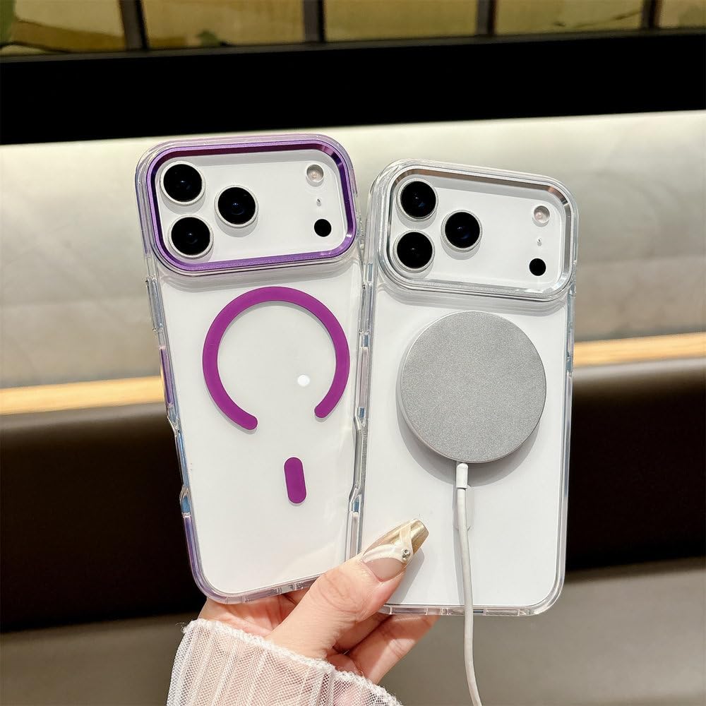 Funda magnética Transparente Antideslizante para iPhone 17, 16, 15, 14, 13, 12 Pro MAX, 17 Air, 16, 15, 14 Plus, con Carga inalámbrica y antigolpes, Color Morado, para iPhone 15 Plus