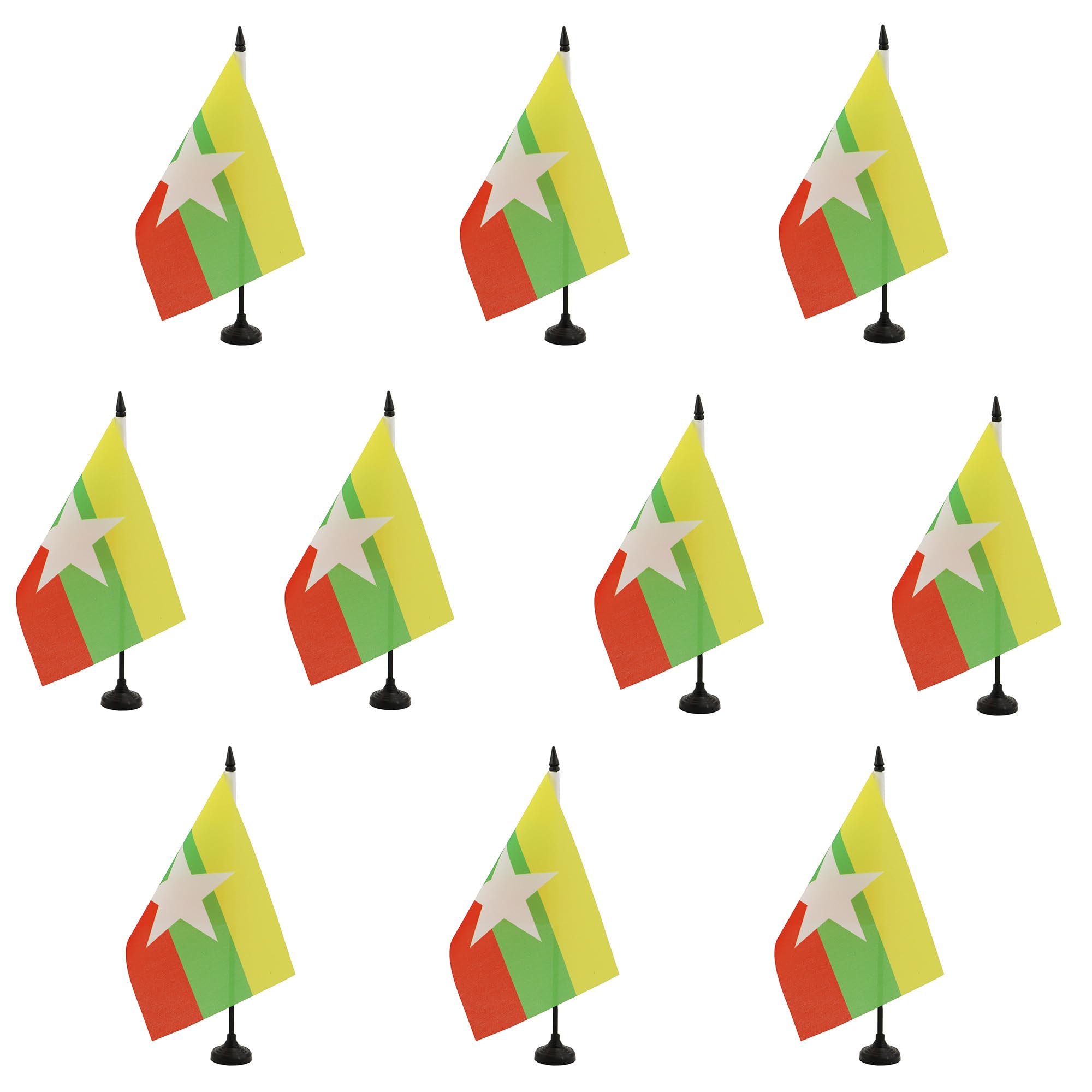 AZ FLAG - Set of 10 Burma Table Flag 5'' x 8'' - 10 Small Burmese Office Flags 100% Polyester 21 x 14 cm - Mini Desk Flag with 10'' Pole and Black Plastic Base