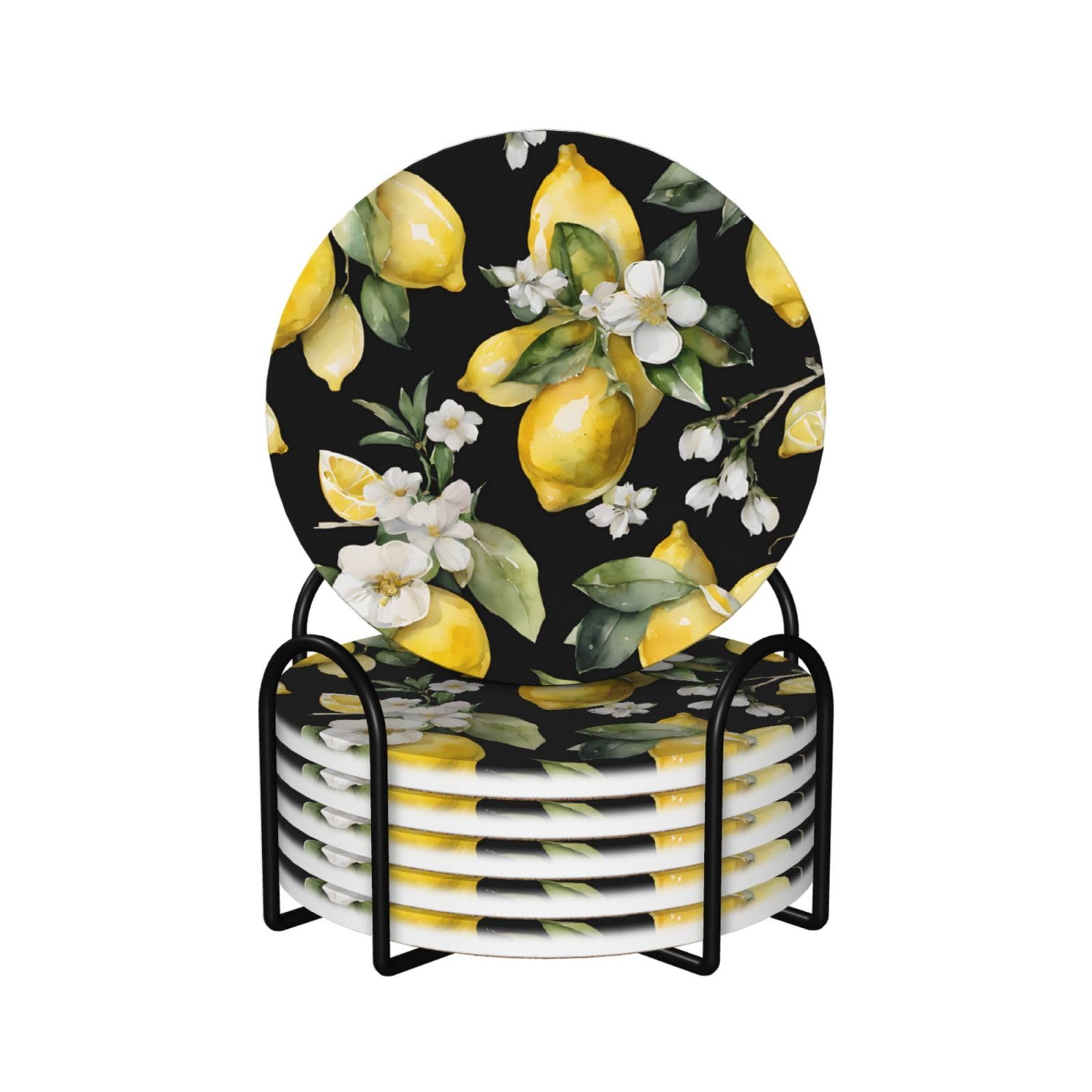 Keramik-Untersetzer, Zitronen- und Blumen-Design, rund, saugfähig, mit Halter, für Zuhause, Büro, Bar, Restaurant, 6 Stück