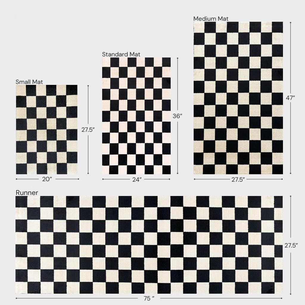 Wash + Dry Checkered One-Piece Washable Rug with Rubber Backing, Door Mat for Entryway, Kitchen, Bathroom, Non-Slip Indoor Doormat, Washable Entryway Rug, Black and Cream Checkers, 20" x 27.5"