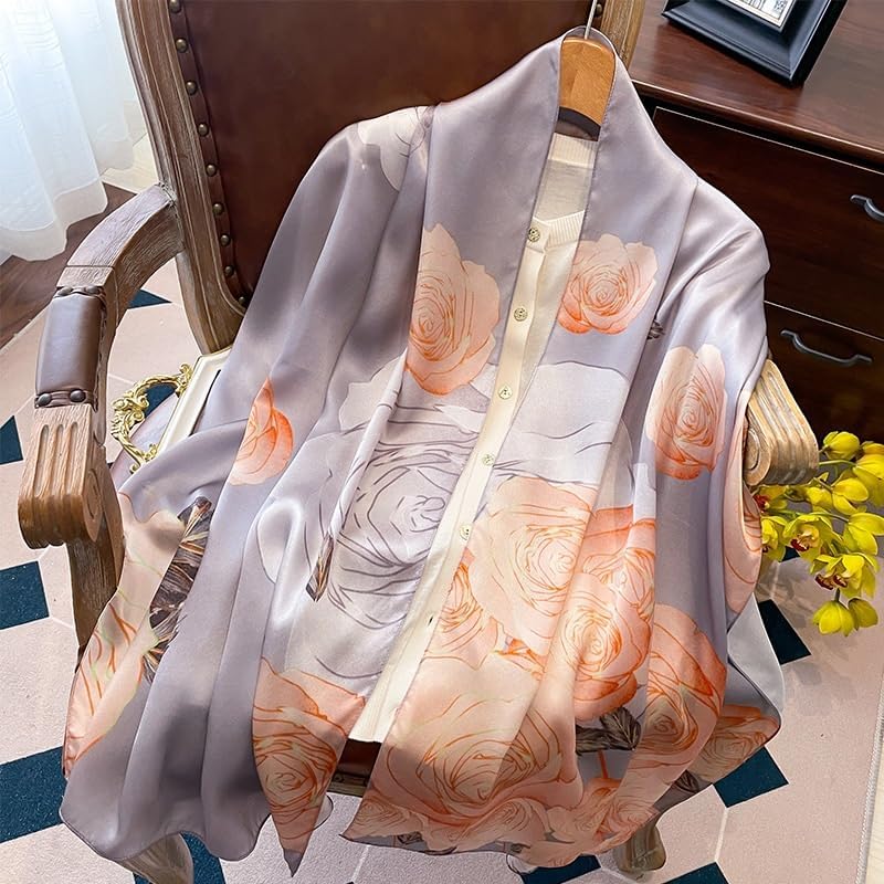 Fashion Luxury Rose Long Silk Scarf Women's Satin Digital Printed Lightweight Sunscreen Shawls