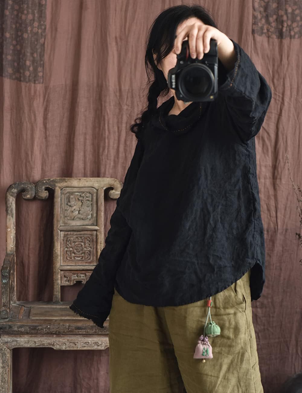 NFYM Womens Long Sleeve Linen Peasant Tops High Low Mock Turtleneck Handmade Stitch Casual Loose Shirts - Image 4