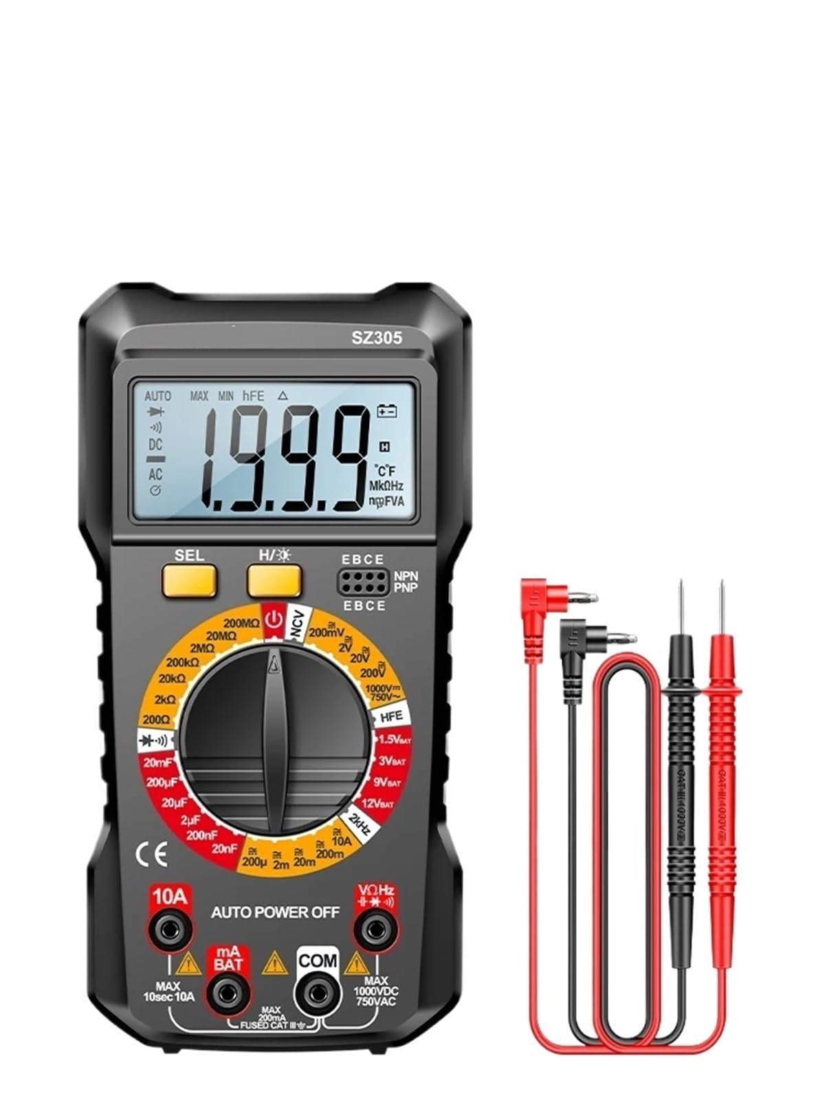 1pc SZ305 Multimeter Capacitor Testers 1999 Counts Smart Voltmeter AC/DC Votage Current Resistance Ohm Test Tools(SZ305 Black)