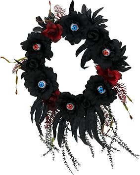 Haunted Hill Farm 22 in. Hanging Faux Floral Wreath with Black and Red Roses, Vines | Chilling Lighted Eyes | Indoor/Covered Outdoor Halloween Props Decoration | HHWTHEYE-1