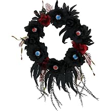 Haunted Hill Farm 22 in. Hanging Faux Floral Wreath with Black and Red Roses, Vines | Chilling Lighted Eyes | Indoor/Covered Outdoor Halloween Props Decoration | HHWTHEYE-1