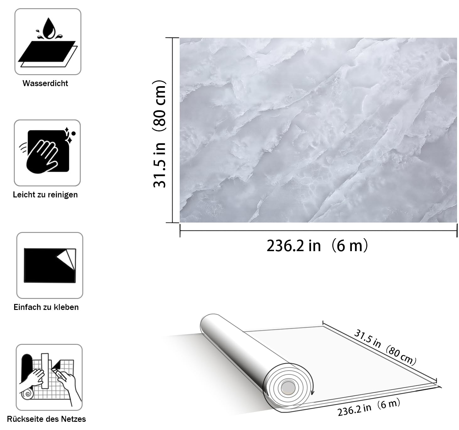JSEVEM 80CM×6M Grigio Bianco Marmo Nuvola Carta da parati