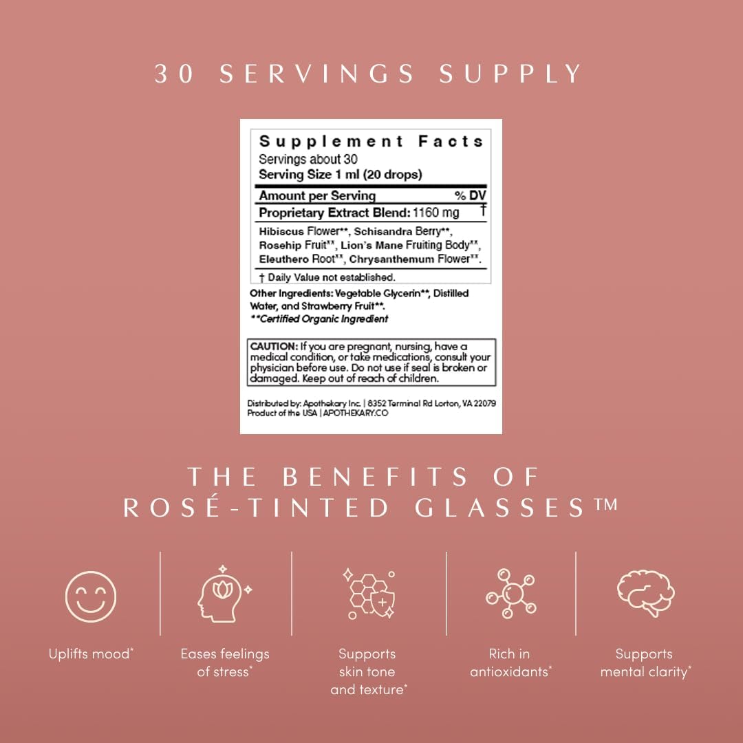 61iCeLUcC2L._AC_SL1080_ Apothékary Rosé-Tinted Glasses, Supports a Balanced Mood & Focus, Alcohol-Free, Wine-Inspired Herbal Liquid Drops with Schisandra Berry & Lion's Mane Mushroom, Certified Organic, 1 fl oz, 30 Servings