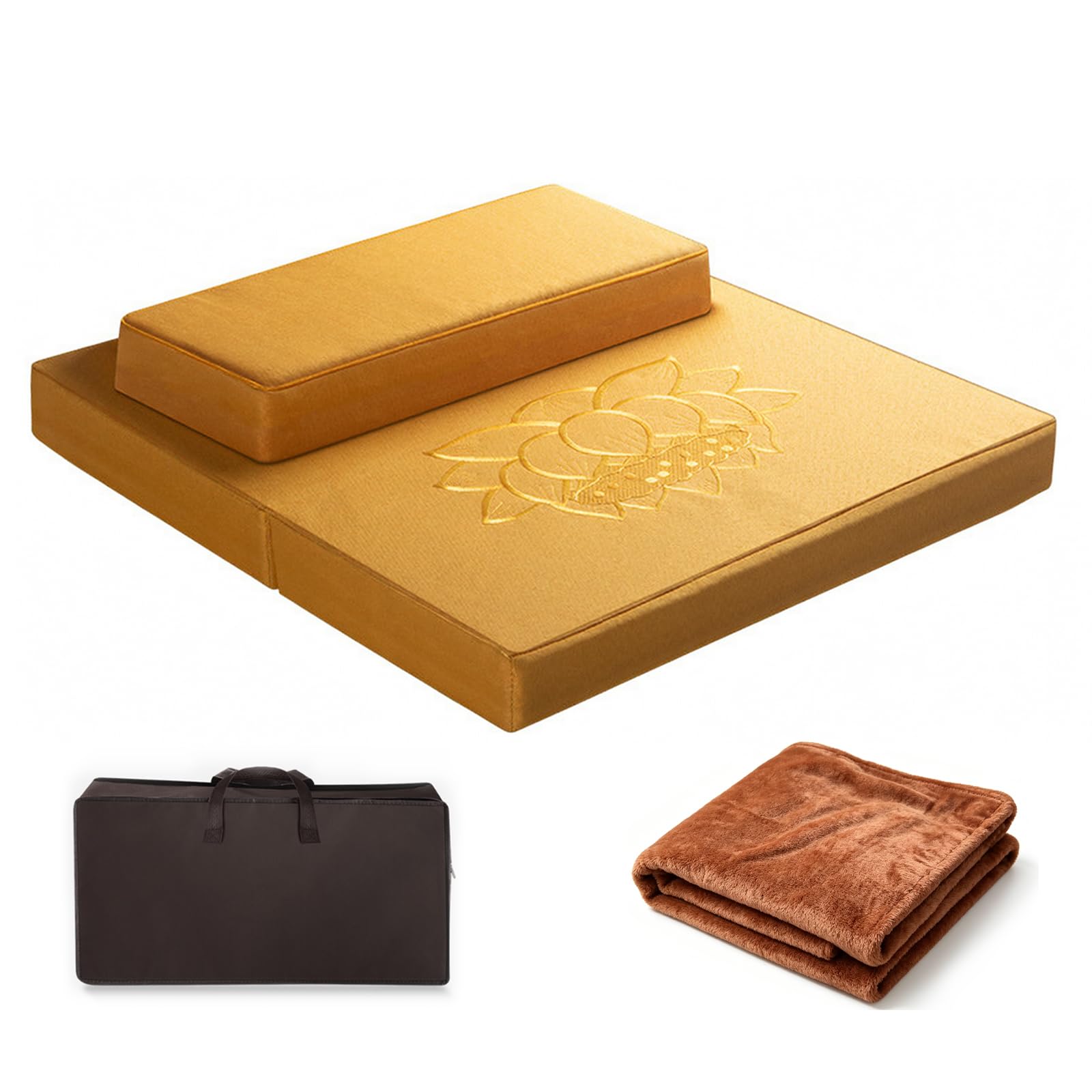 Set Cuscini da Meditazione, Tappetino da Meditazione Pieghevole e Cuscino Zafu, Lavabile in Lino di Cotone, Cuscino da Meditazione con Chiusura L(Size:70cm with bag and blanket,Color:Giallo brillante)