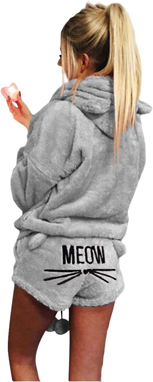 BlivenerPoplover Women's Fleece Pajamas Suit Hooded Sleepwear Meow Shorts Set, Pink or Purple, Varies