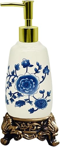 Dispensador de jabón de cerámica vintage, dispensador de loción de porcelana blanca con flores azules, botella vacía de 8.8 fl oz, dispensador de