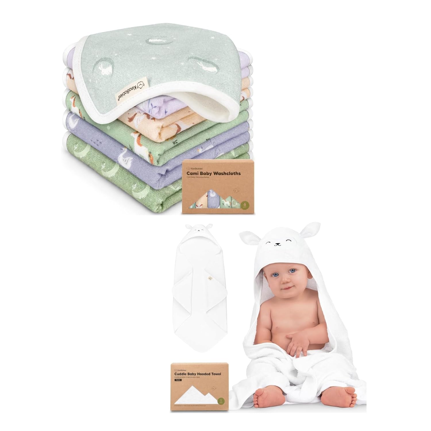 KeaBabies 6-Pack Cotton Baby Washcloths for Newborn, Kids and Baby Hooded Towel - Cotton Muslin Soft Wash Cloths, Super Absorbent & Scratch-Free Rag - Hooded Towel for Infant & Toddlers
