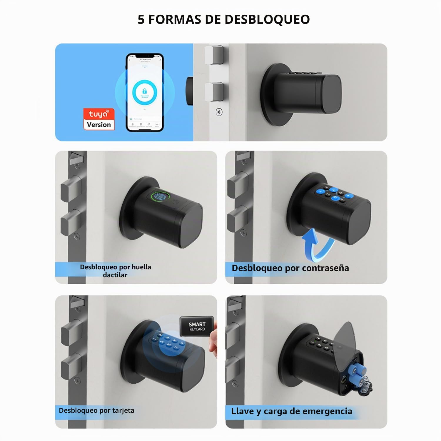 Cerradura Inteligente,Cerradura Con Huella Digital,Cilindro De Cerradura Ajustable 60-90mm,Con Tarjeta Rfid x4,App,Bluetooth,Teclado,Smart Lock Con Código Pin,Smart Lock Con Código Pin(Negro)