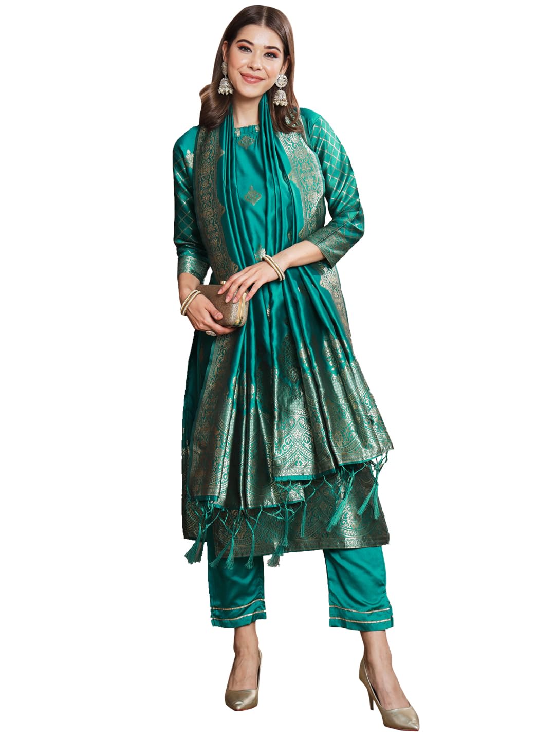 VredeVogel Women's Cotton Silk Jacquard, Banarasi Silk Kurta Pant With Dupatta Set