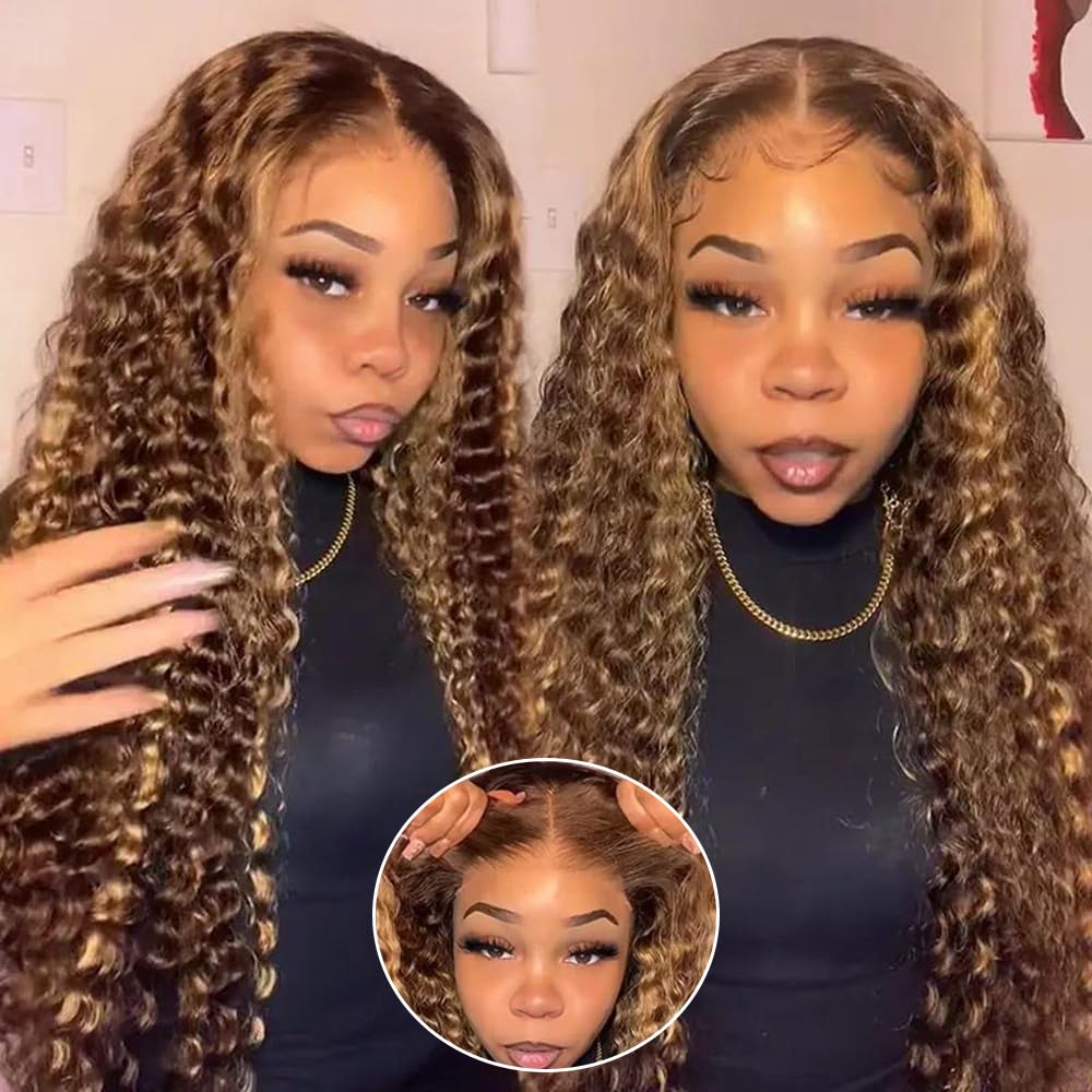26inch Wear and Go Glueless Deep Wave 4/27 Highlight HD Transparent Lace Front Wigs Human Hair Wet and Wavy Curly Lace Frontal Wigs Pre Plucked with