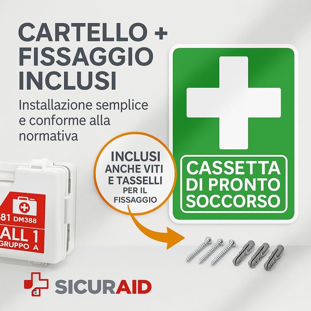 SICURAID Cassetta Pronto Soccorso Aziende più 3 Dipendenti -Cassetta Pronto Soccorso Allegato 1 Gruppo A-B Completa con Cartello e Web App SicurApp (Allegato 1 Gruppo A B)