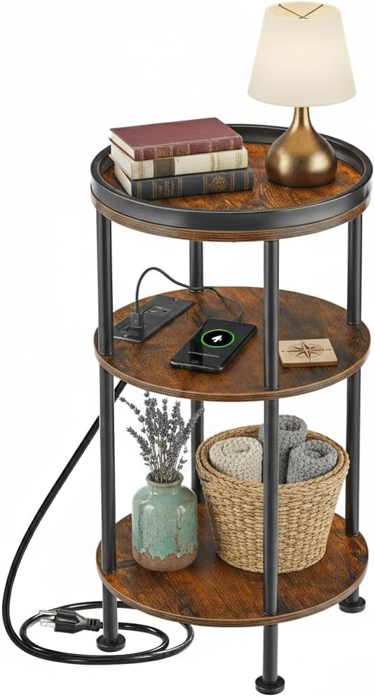 Small Round Side Table with Charging Station for Small Spaces, 3-Tier Round Accent Table with USB Ports & Power Outlets, Corner Table Sofa End Table for Living Room Bedroom (USB Charger, Rustic Brown)