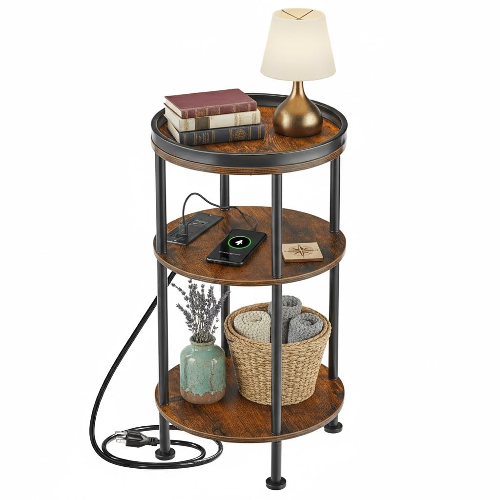 Small Round Side Table with Charging Station for Small Spaces, 3-Tier Round Accent Table with USB Ports & Power Outlets, Corner Table Sofa End Table for Living Room Bedroom (USB Charger, Rustic Brown)