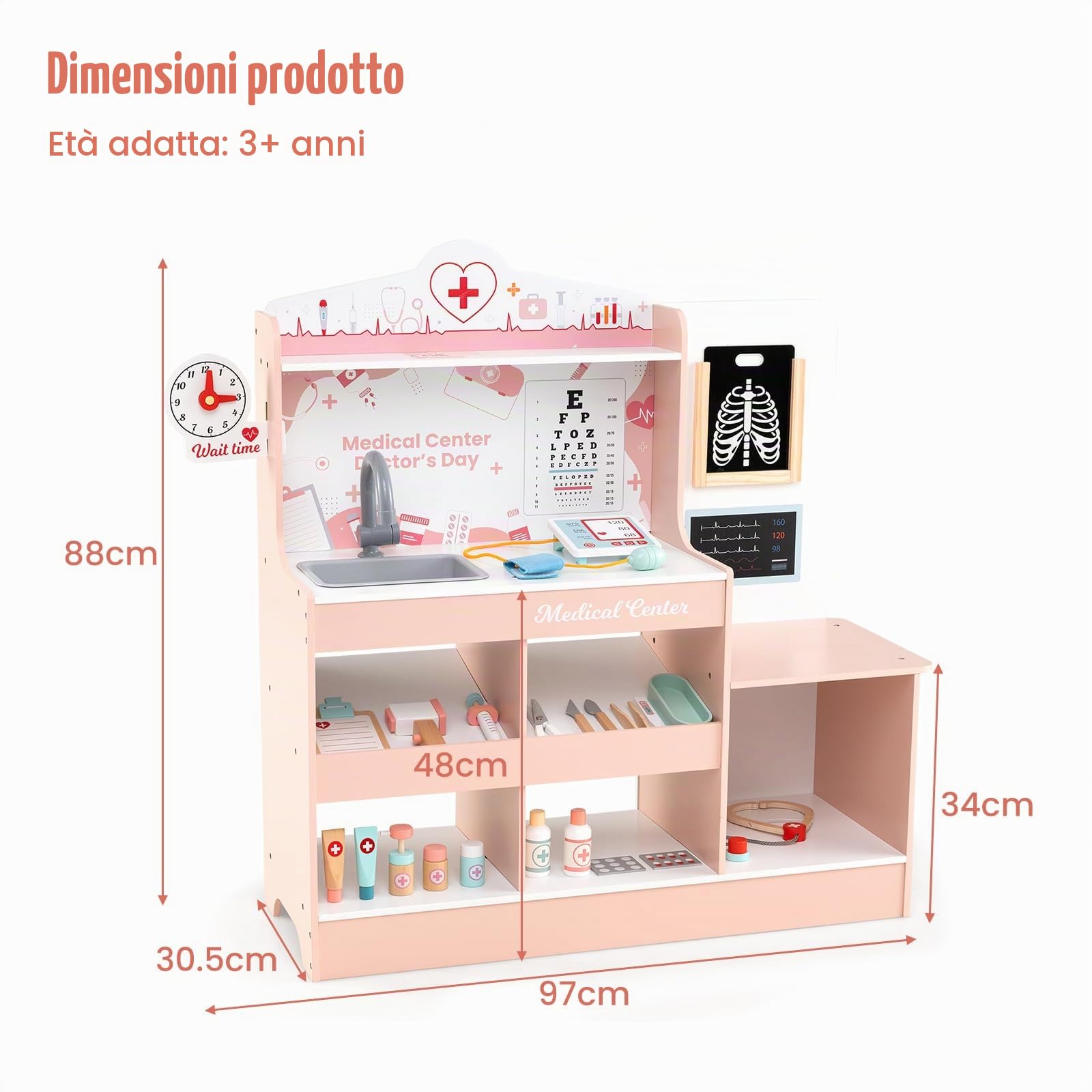 HOMASIS Kit Dottore Bambino in Legno, Kit Medico Bambini con Lavabo, Esame della Vista, Elettrocardiogramma, Orologio e Radiografia, Gioco Infermiere per Simulazione per Bambini da 3+ Anni (Rosa)