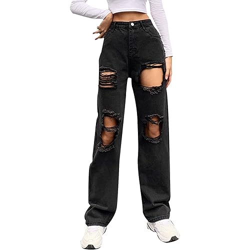 Genleck Women Loose Ripped Boyfriends Jeans High Waist Baggy Denim Pants Distressed Wide Leg Jeans Y2K Mom Jeans