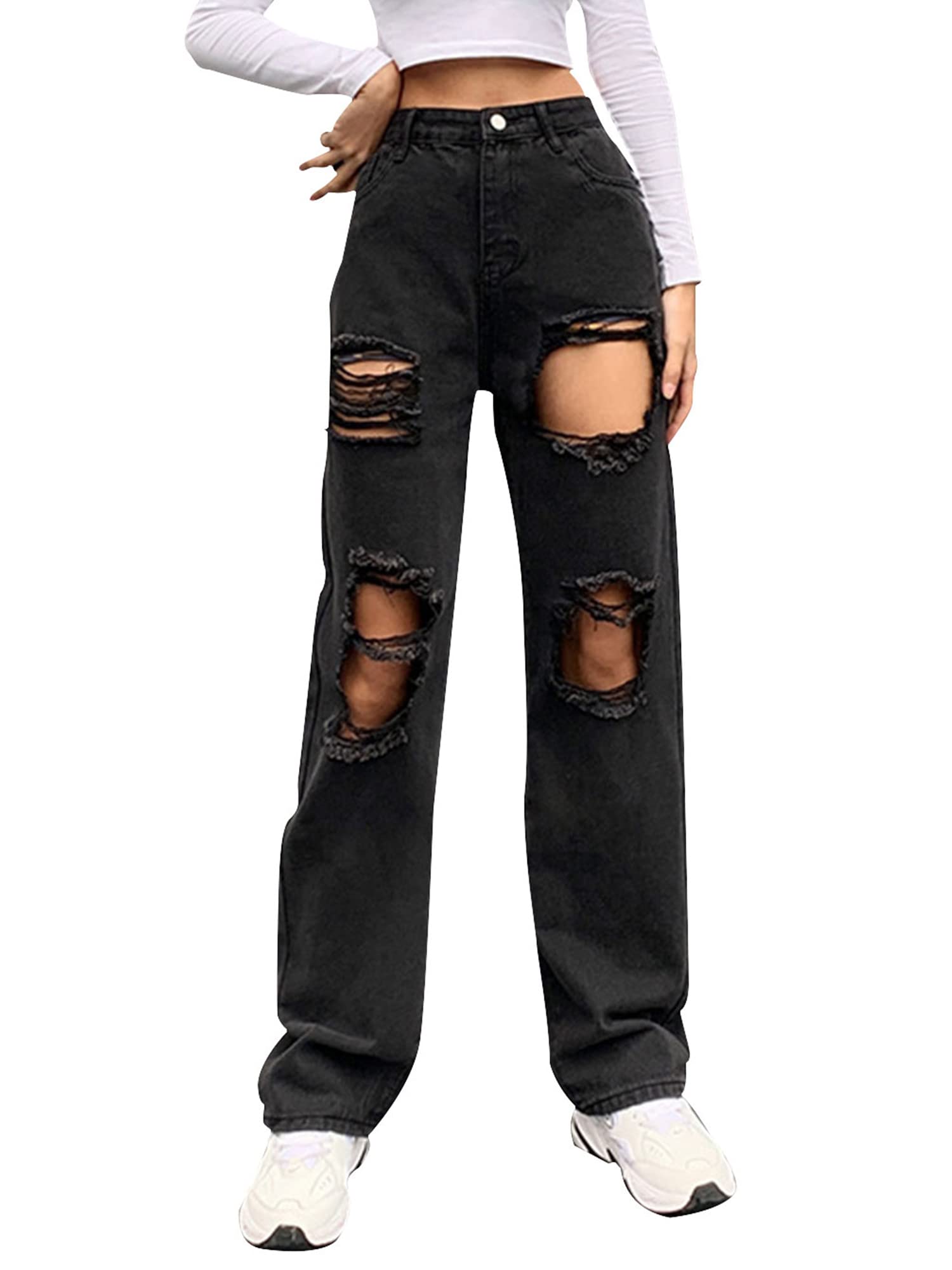 GenleckWomen Loose Ripped Boyfriends Jeans High Waist Baggy Denim Pants Distressed Wide Leg Jeans Y2K Mom Jeans