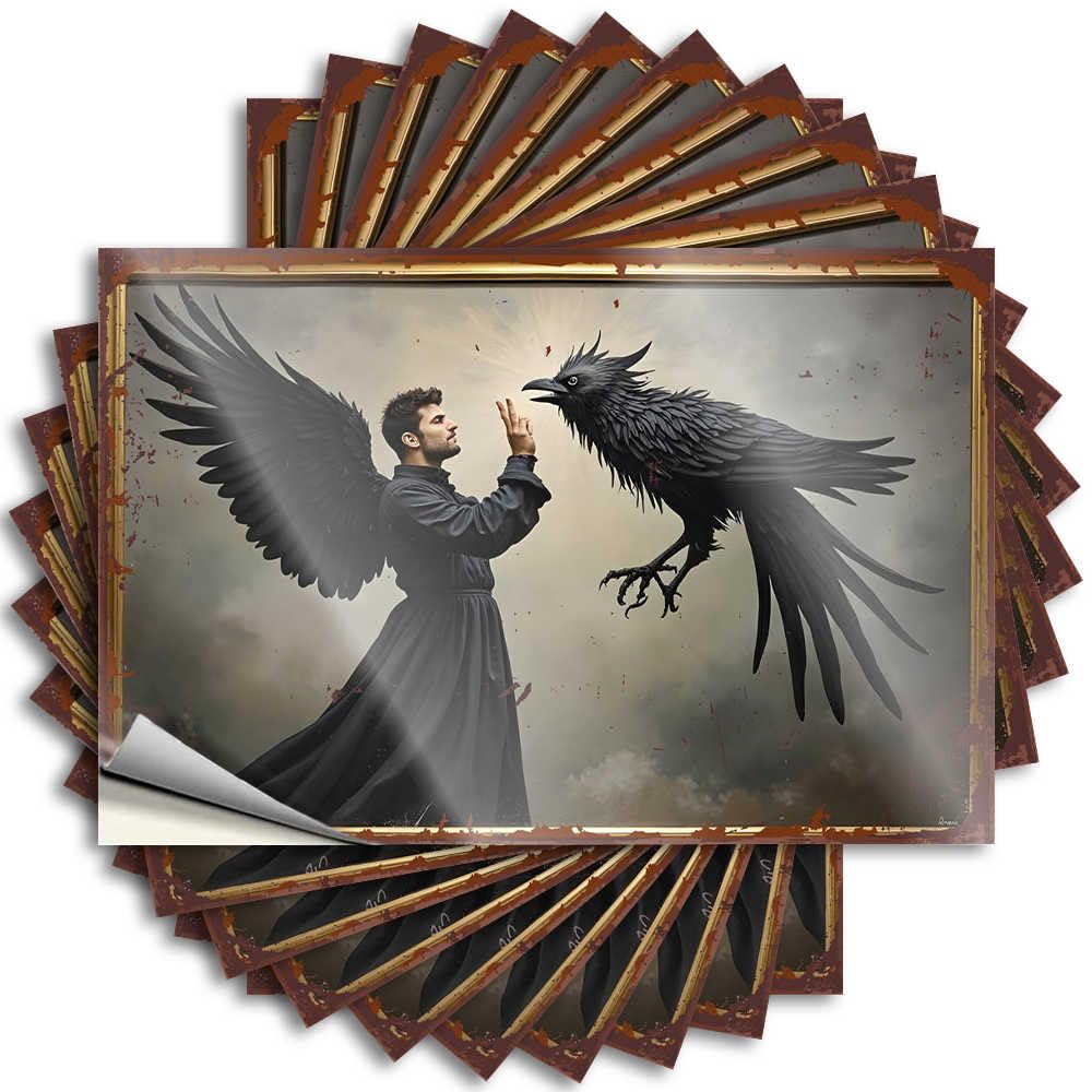 Man in Black Robe Faces Giant Raven Against Stormy Sky Mimosa Funky - Funny Sticker Case Waterproof Decal(6X9CM)