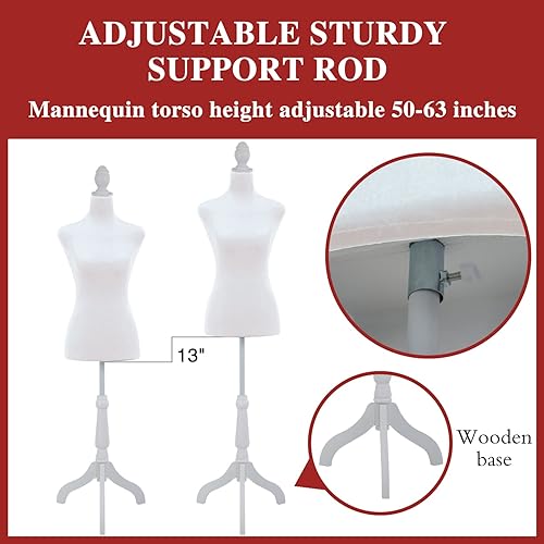 Miniatura 5 de Maniquí de maniquí femenino con forma de torso de 50 a 63 pulgadas, para mujer, altura del cuerpo de maniquí ajustable para coser base de trípode de