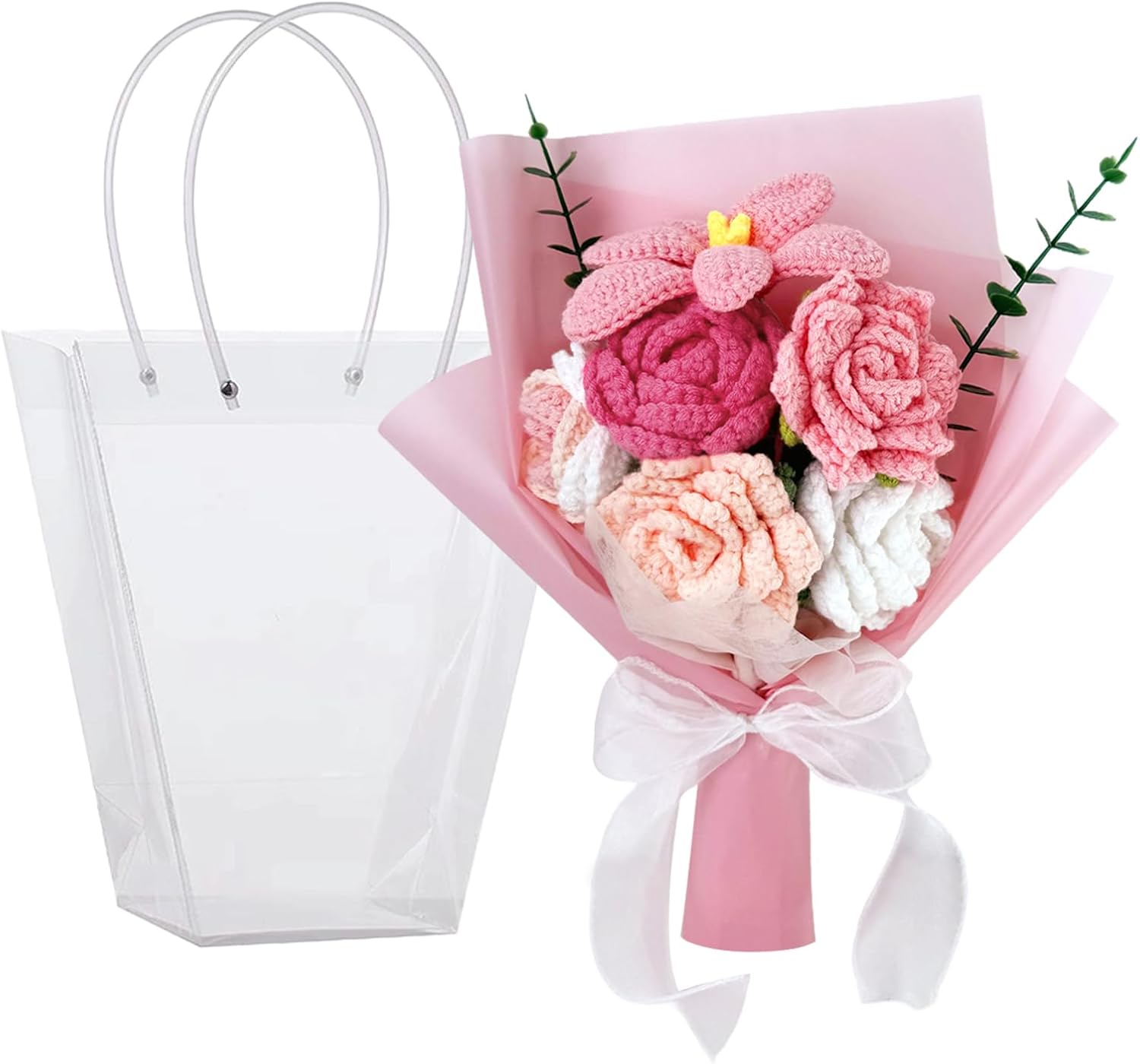 QaingNe Handmade Crochet Flower Bouquet, Pink Roses Knitted Flower Bouquet, Crochet Roses Tulip Flowers for Valentine’s Day Teacher'Day Mother's Day Graduation Gifts (pink)